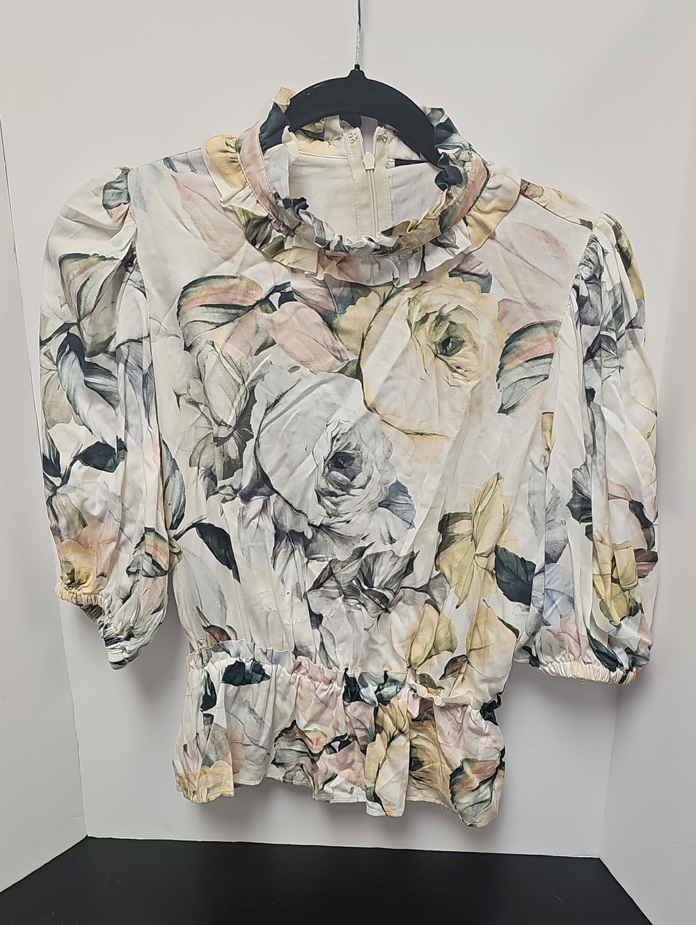 Tahari Floral Ruffle Neck Blouse - White with Pastel Yellow, Pink & Green